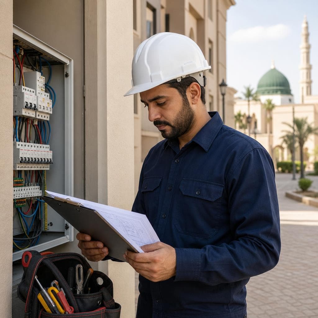 مهندس صيانة يراجع المخططات بجوار لوحة كهربائية في الموقع