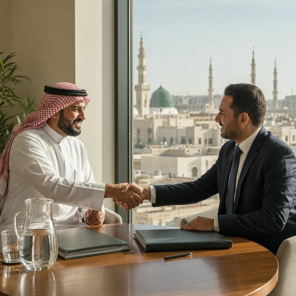 ممثل الجمعية وممثل إحدى الشركات يتصافحان بعد اجتماع
