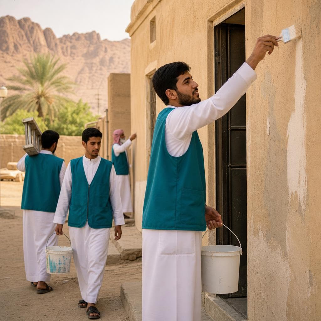 متطوعون بسترات فيروزية يرمّمون واجهة منزل إحدى الأسر ويعيدون طلاءها